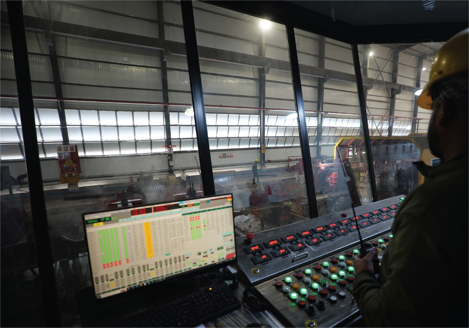Rolling mill control pulpit overlooking the Sabaeek production floor